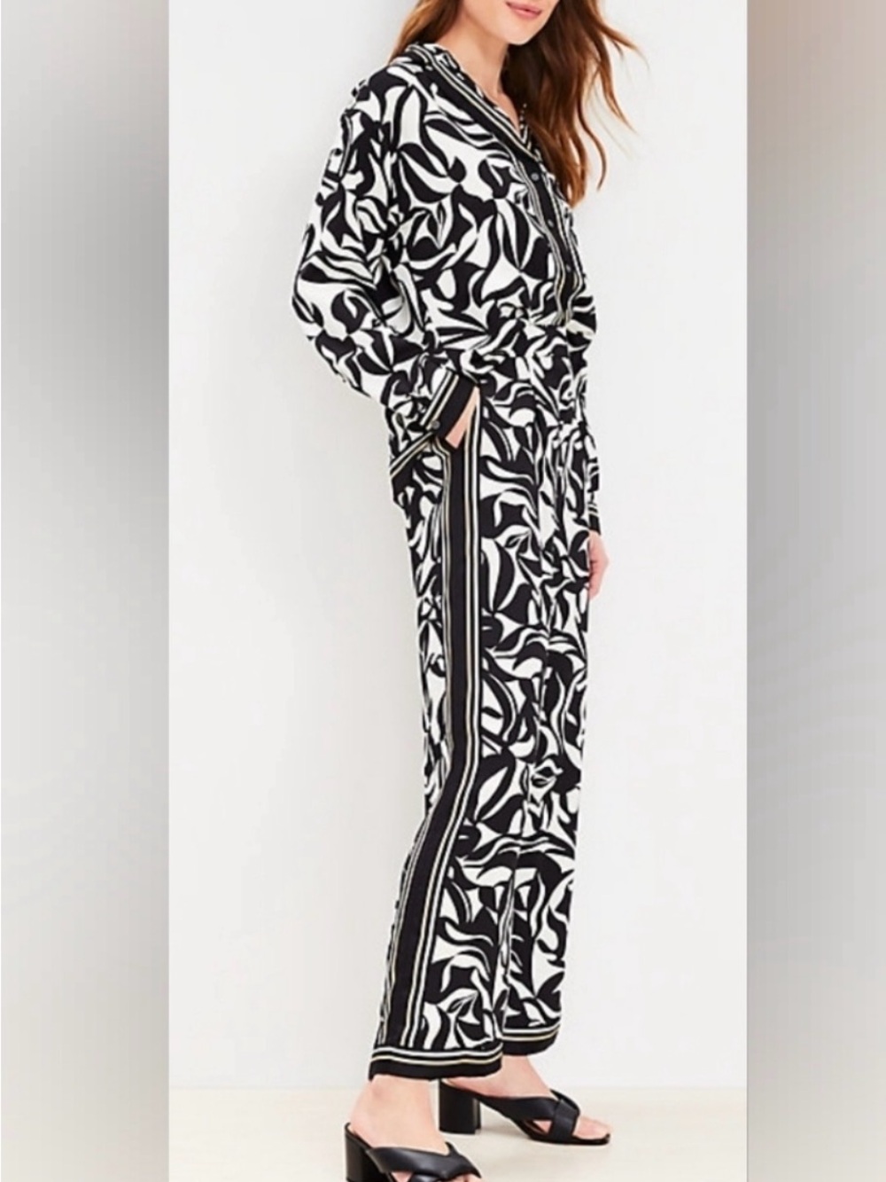 LOFT Black & White Printed Wide-Leg Jumpsuit